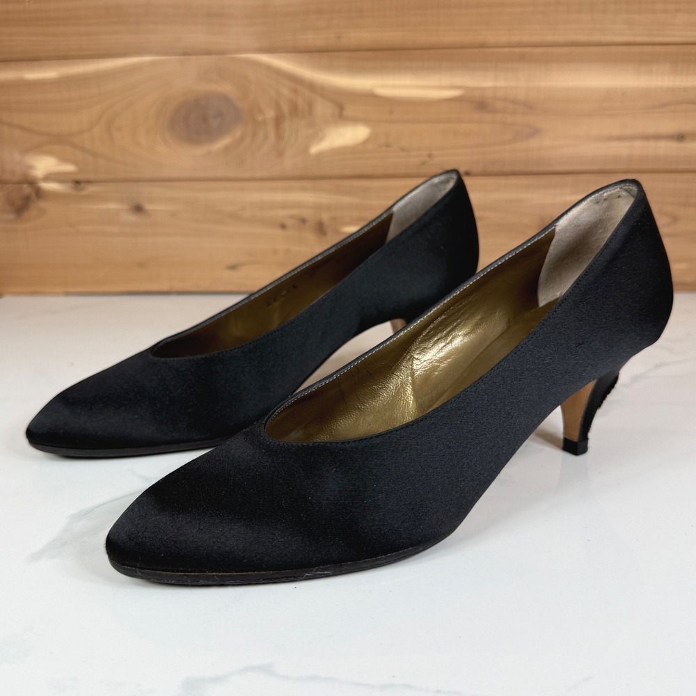 Yves Saint Laurent Vintage Black Satin Kitten Heel Pumps Made in Italy Sz 6.5M